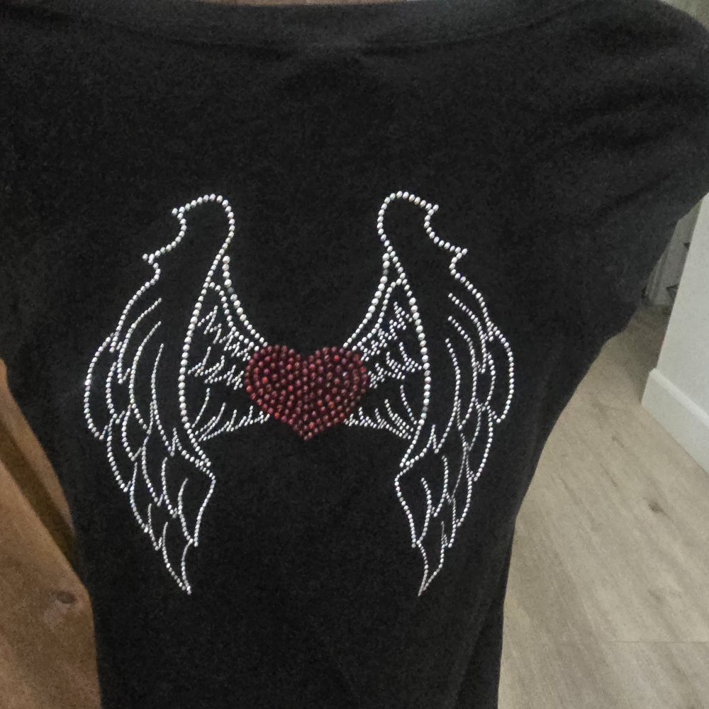 Zenana Outfitters Black Short Sleeve Tee with Rhinestone Winged Heart